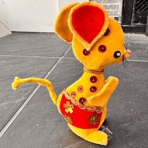 Antique Yellow Plush Mouse Ornament Red Outfit Sequins Vintage Holiday Decor